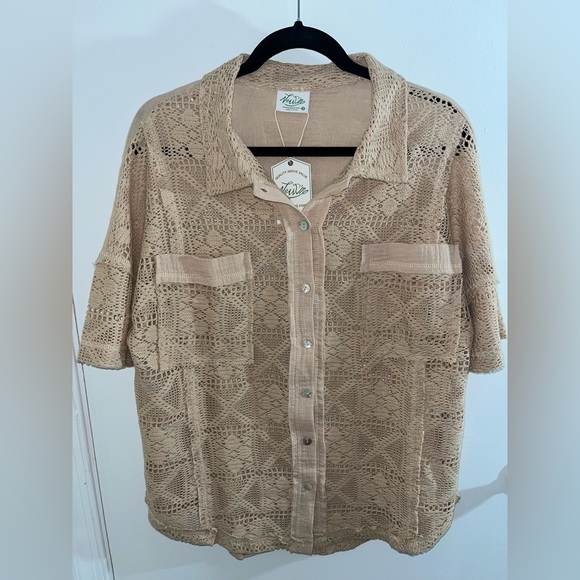 Desert Sand Open Crochet Button Up Short Sleeve Top - Picture 6 of 10